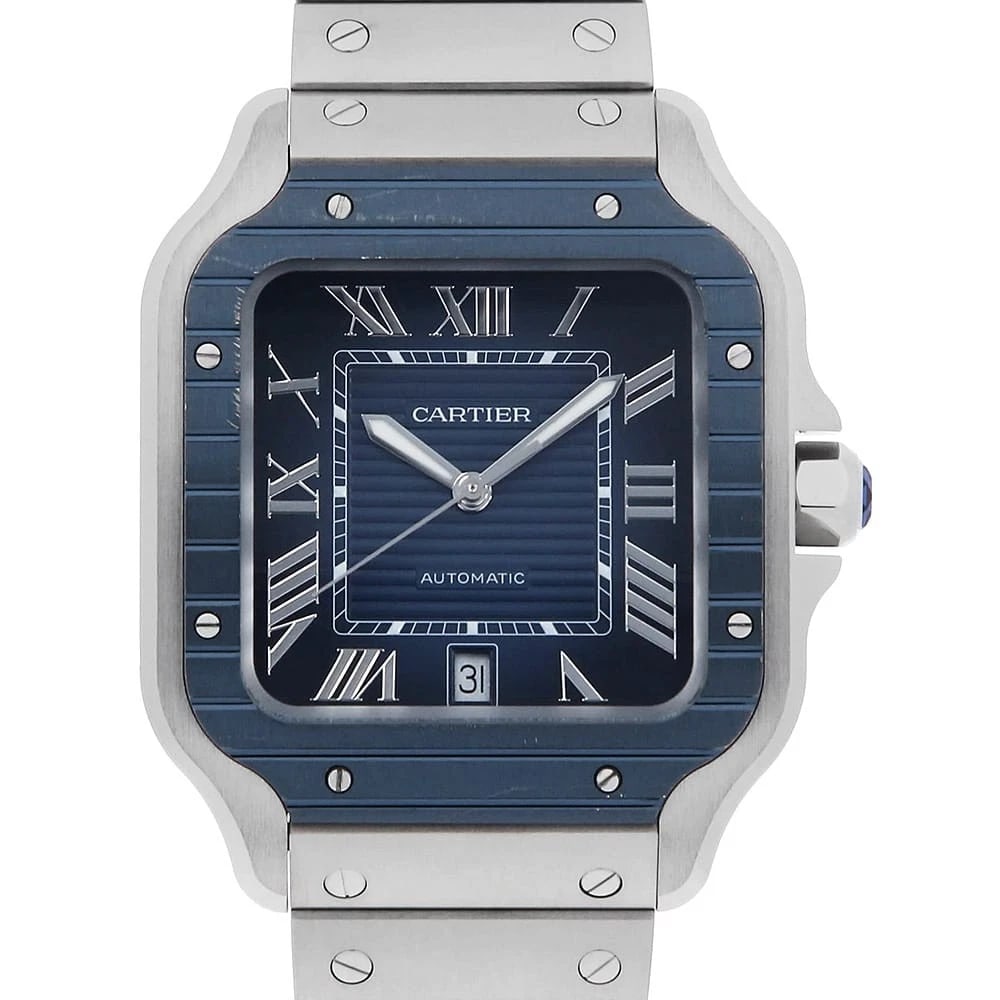 CARTIER SANTOS: Cartier Santos Brand: Cartier Type: Wrist watch Material: Band MaterialStainless Steel, Case MaterialStainless Steel Color: Blue Size: Case:W39.8mm Circumference of Wrist:19.5cm Accessories: