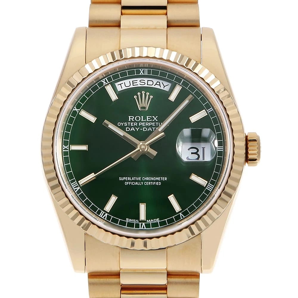 ROLEX GREEN: ROLEX green Brand: ROLEX Type: Wrist watch Material: Band MaterialYellow Gold, Case MaterialYellow Gold Color: Green Size: Case:W36mm Circumference of Wrist:18.5cm Accessories: None
