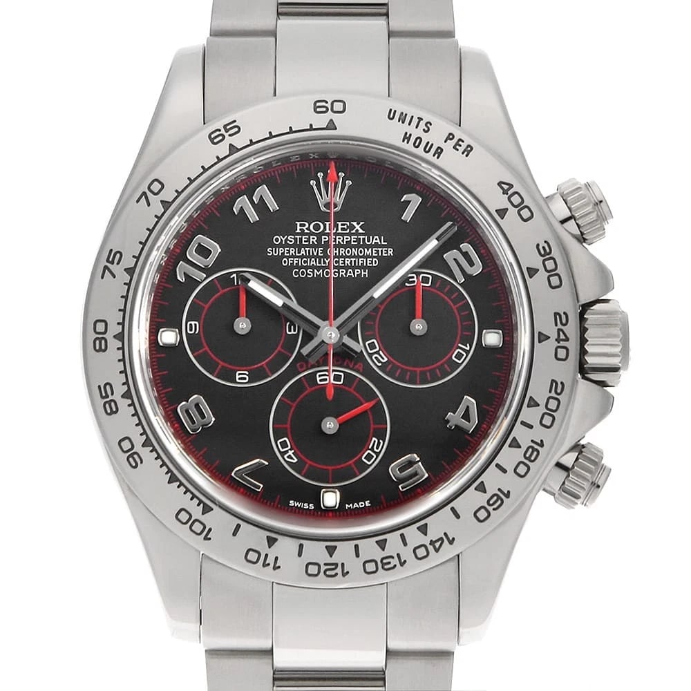 ROLEX COSMOGRAPH DAYTONA BLACK: ROLEX Cosmograph Daytona black Brand: ROLEX Type: Wrist watch Material: Band MaterialWhite Gold, Case MaterialWhite Gold Color: Black Size: Case:W40mm Circumference of Wrist:18cm Accessories: