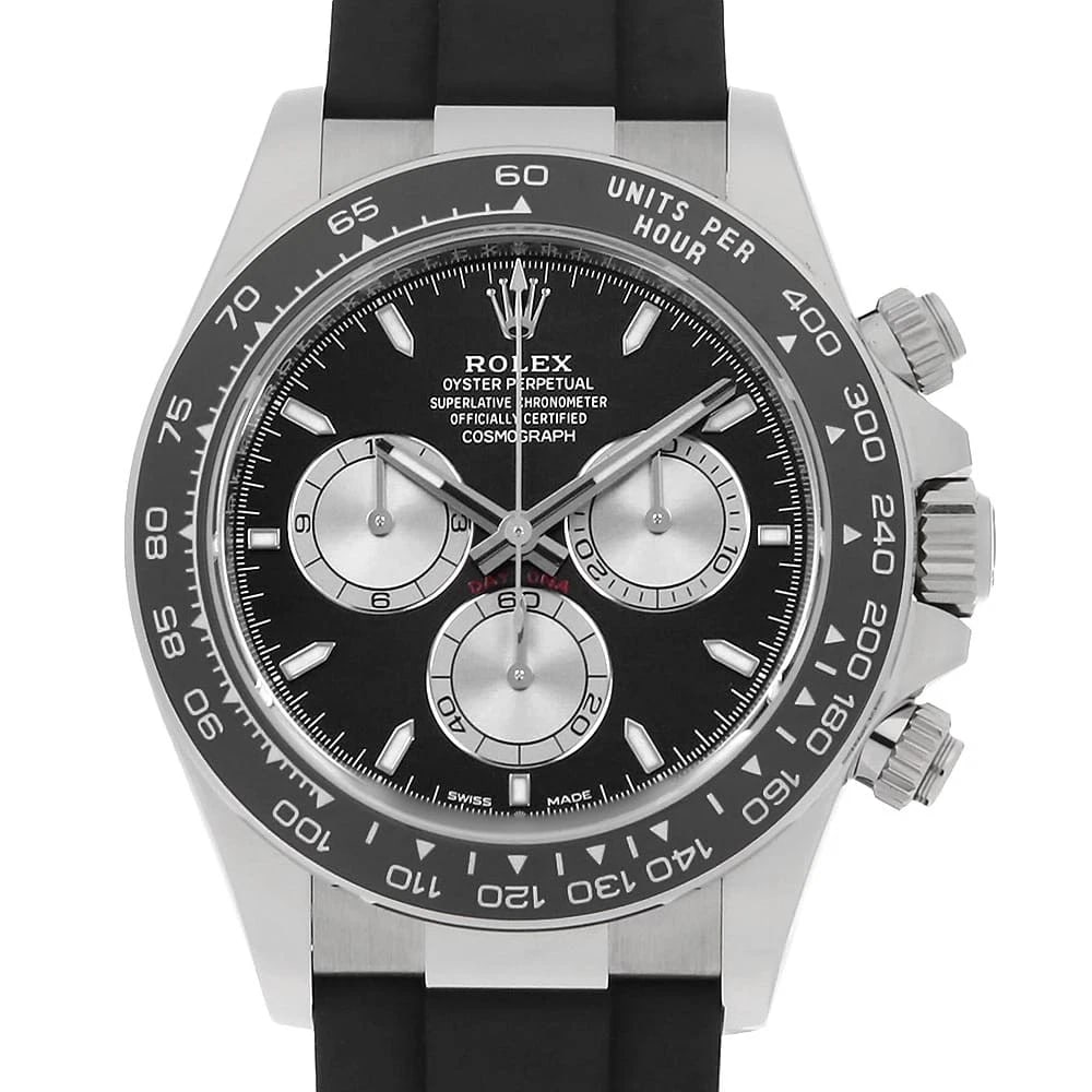 ROLEX COSMOGRAPH DAYTONA BLACK STEEL: ROLEX Cosmograph Daytona black Steel Brand: ROLEX Type: Wrist watch Material: Band Materialrubber, Case MaterialWhite Gold Color: Black Size: Case:W40mm Circumference of Wrist:19cm 