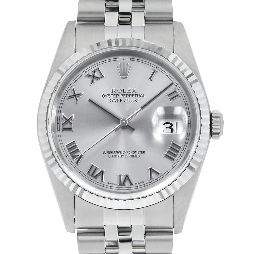 ROLEX DATEJUST SILVER: ROLEX Datejust Silver Brand: ROLEX Type: Wrist watch Material: Band MaterialStainless Steel, Case MaterialStainless Steel/White gold Color: Silver Size: Case:W36mm Circumference of Wrist:19.5cm A