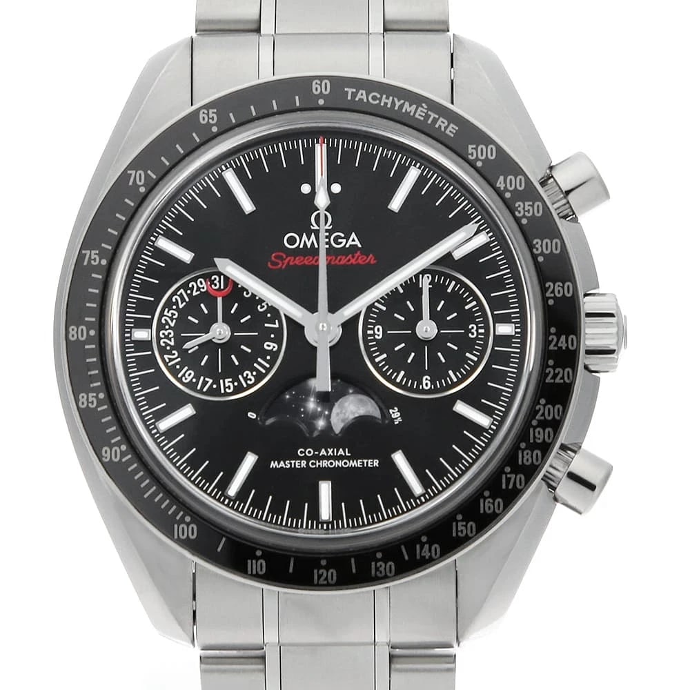 OMEGA SPEEDMASTER MOONWATCH CO AXIAL CHRONOMETER: OMEGA Speedmaster Moonwatch Co Axial Chronometer Brand: OMEGA Type: Wrist watch Material: Band MaterialStainless Steel, Case MaterialStainless Steel Color: Black Size: Case:W44.25mm Circumference