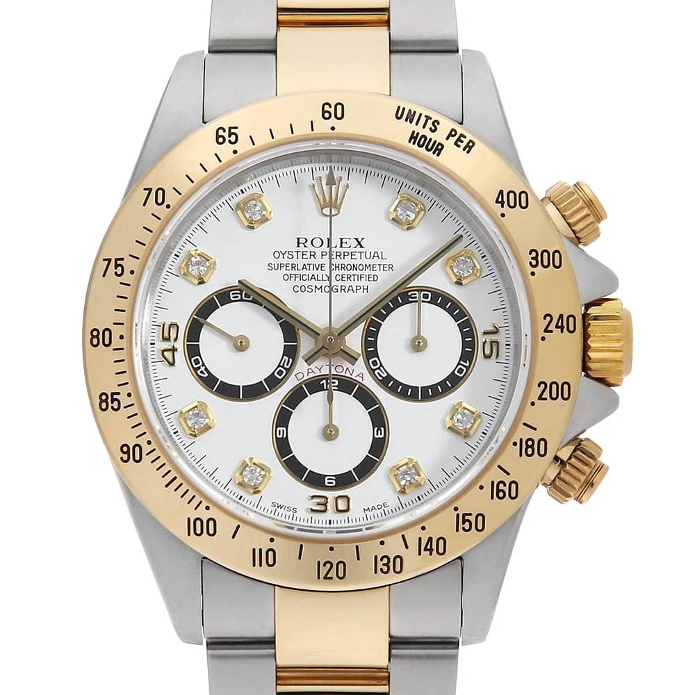 ROLEX COSMOGRAPH DAYTONA DIAMOND WHITE: ROLEX Cosmograph Daytona diamond white Brand: ROLEX Type: Wrist watch Material: Band MaterialStainless Steel/Yellow Gold, Case MaterialStainless Steel/Yellow Gold Color: White Size: Case:W40mm