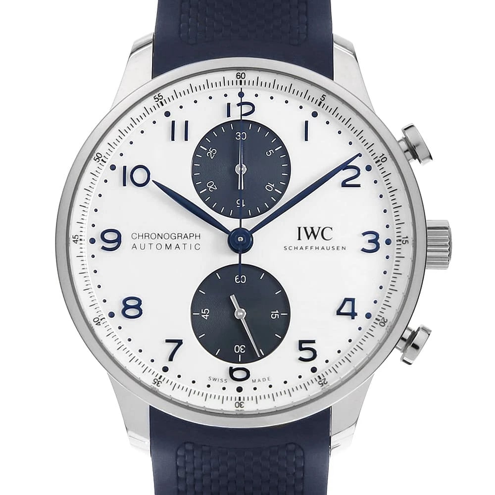 IWC PORTUGIESER CHRONOGRAPH: IWC Portugieser chronograph Brand: IWC Type: Wrist watch Material: Band Materialrubber, Case MaterialStainless Steel Color: White and Blue Size: Case:W41mm Accessories: None Accessories