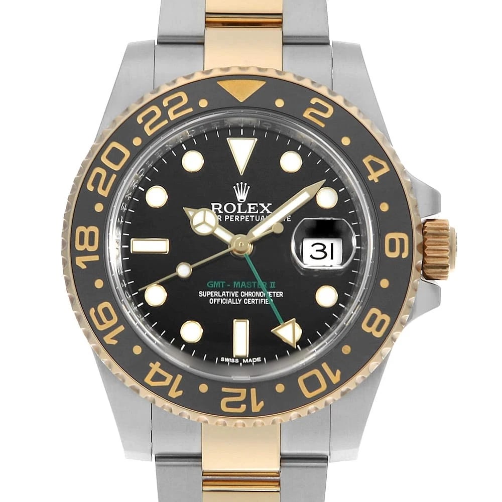 ROLEX GMT MASTER BLACK: ROLEX GMT Master black Brand: ROLEX Type: Wrist watch Material: Band MaterialStainless Steel/Yellow Gold, Case MaterialStainless Steel/Yellow Gold Color: Black Size: Case:W40mm Circumference