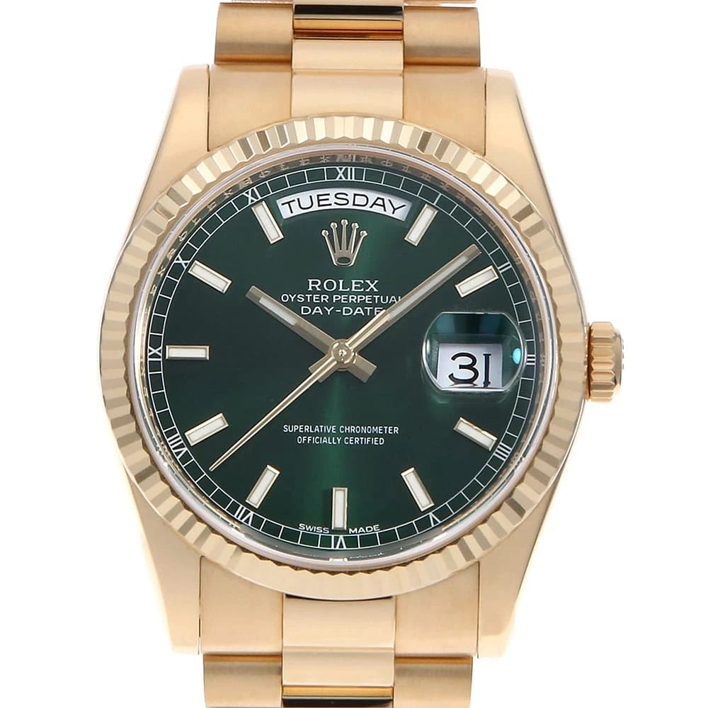 ROLEX GREEN: ROLEX green Brand: ROLEX Type: Wrist watch Material: Band MaterialYellow Gold, Case MaterialYellow Gold Color: Green Size: Case:W36mm Circumference of Wrist:18.5cm Accessories: None
