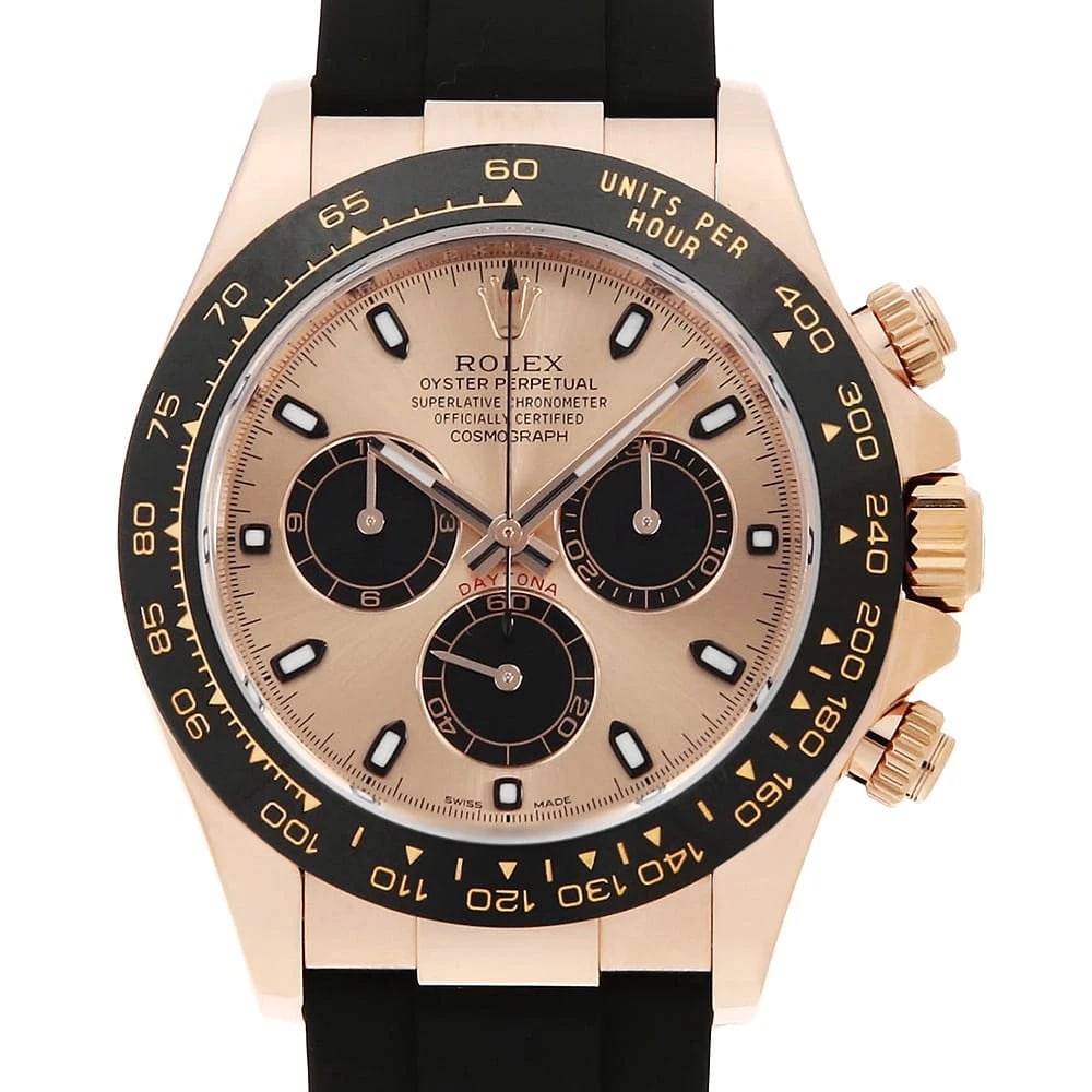 ROLEX COSMOGRAPH DAYTONA PINK BLACK: ROLEX Cosmograph Daytona Pink Black Brand: ROLEX Type: Wrist watch Material: Band Materialrubber, Case MaterialEverose Gold Color: Pink and Black Size: Case:W40mm Circumference of Wrist:16.5cm