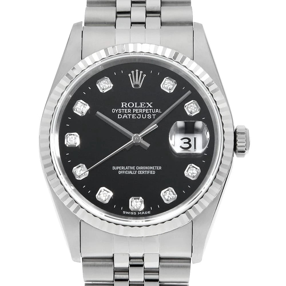 ROLEX DATEJUST DIAMOND BLACK: ROLEX Datejust Diamond black Brand: ROLEX Type: Wrist watch Material: Band MaterialStainless Steel, Case MaterialStainless Steel/White gold Color: Black Size: Case:W36mm Circumference of Wrist:17.