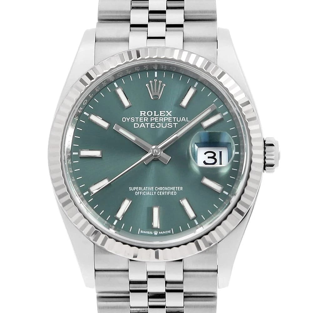 ROLEX DATEJUST MINT GREEN: ROLEX DATEJUST Mint green Brand: ROLEX Type: Wrist watch Material: Band MaterialStainless Steel, Case MaterialStainless Steel/White gold Color: Mint Green Size: Case:W36mm Circumference of Wrist:1