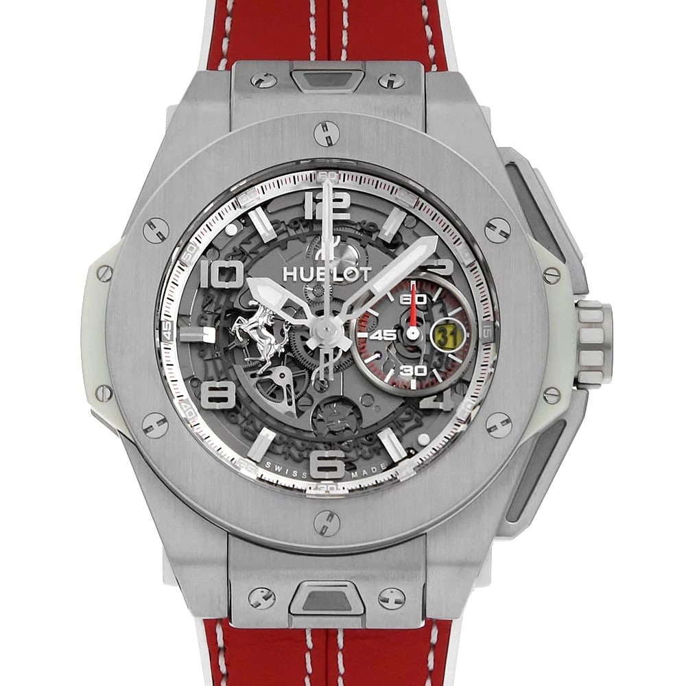 HUBLOT BIG BANG FERRARI CALIFORNIA: HUBLOT Big Bang Ferrari California Brand: HUBLOT Type: Wrist watch Material: Band MaterialCalfskin, Case MaterialTitanium Color: Skeleton Size: Case:W45mm Accessories: None Accessories