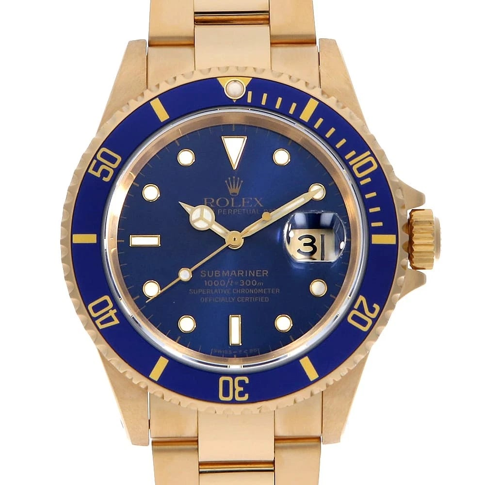 ROLEX SUBMARINER BLUE: ROLEX SUBMARINER blue Brand: ROLEX Type: Wrist watch Material: Band MaterialYellow Gold, Case MaterialYellow Gold Color: Blue Size: Case:W40mm Circumference of Wrist:18.5cm Accessories: None