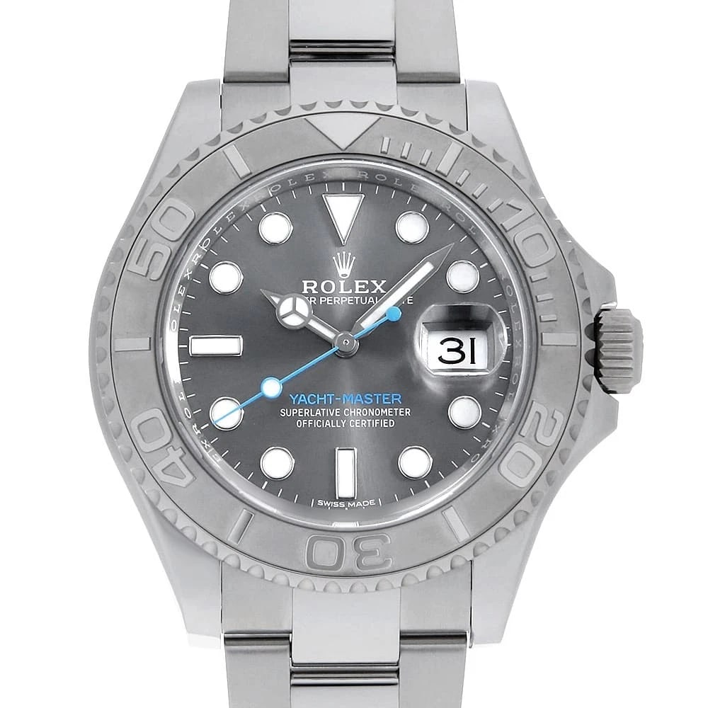 ROLEX YACHT MASTER ROLESIUM SLATE: ROLEX Yacht Master Rolesium slate Brand: ROLEX Type: Wrist watch Material: Band MaterialStainless Steel, Case MaterialStainless Steel/Platinum Color: Slate Size: Case:W40mm Circumference of Wrist: