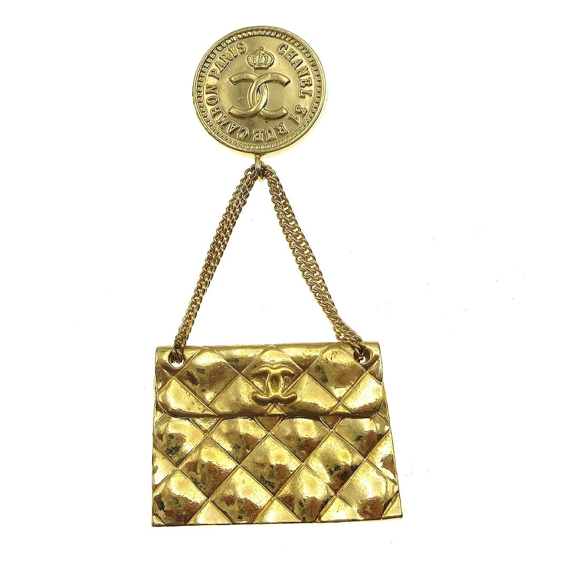 CHANEL BAG BROOCH PIN GOLD: Chanel Bag Brooch Pin Gold Brand: CHANEL Type/Style: Brooch Material: Gold-plated, Color: Gold Size: W 3.5 x H 7.8 cm Accessories: None Accessories Notice: When purchasing pre-owned goods,