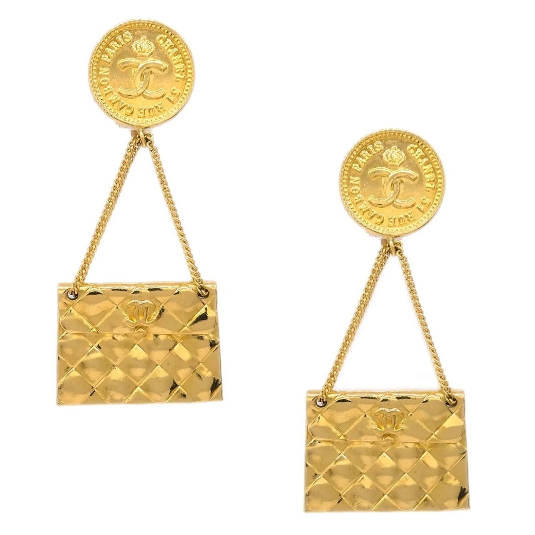 CHANEL GOLD BAG DANGLE EARRINGS CLIP-ON: Chanel Gold Bag Dangle Earrings Clip-On Brand: CHANEL Type/Style: Earrings Material: Gold plated, Color: Gold Size: W 3.4 x H 7.8 cm Accessories: None Accessories Notice: When purchasing