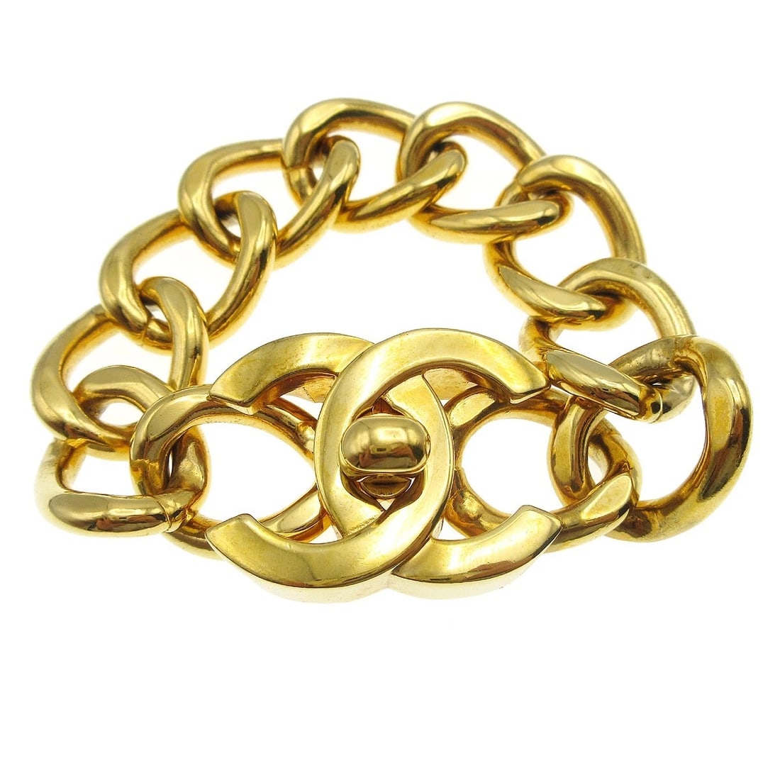 CHANEL TURNLOCK CHARM GOLD CHAIN BRACELET: Chanel Turnlock Charm Gold Chain Bracelet Brand: CHANEL Type/Style: Bracelet Material: Gold-plated, Color: Gold Size: Inner circumference : 19.0 cm Width : 2.0 cm Charm : W 3.7 x H 2.5 cm 