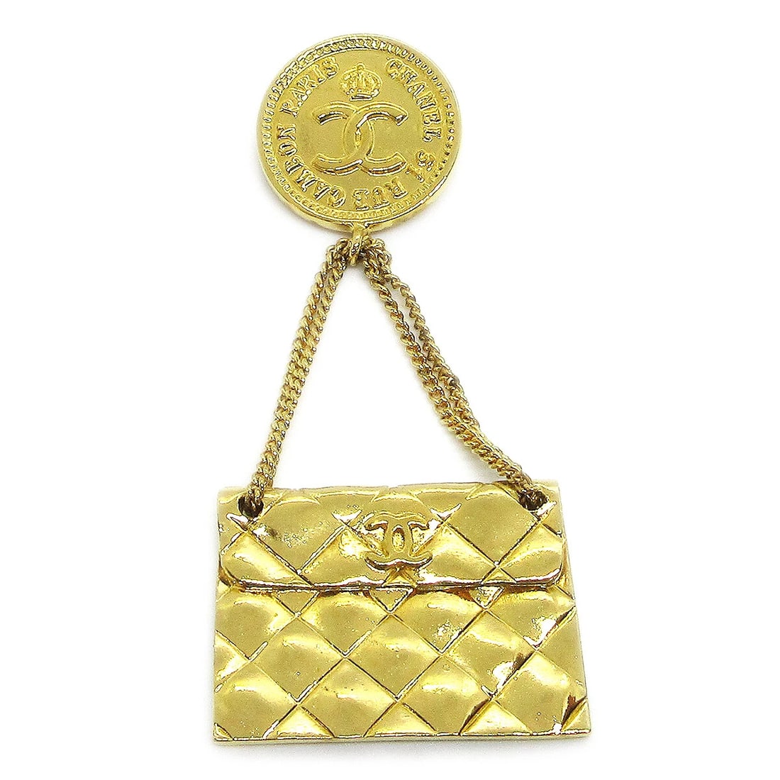 CHANEL BAG BROOCH PIN GOLD: Chanel Bag Brooch Pin Gold Brand: Chanel Type/Style: Brooch Material: Gold-tone, Color: Gold Size: W 3.5 x H 7.5 cm Accessories: None Accessories Notice: When purchasing pre-owned goods,