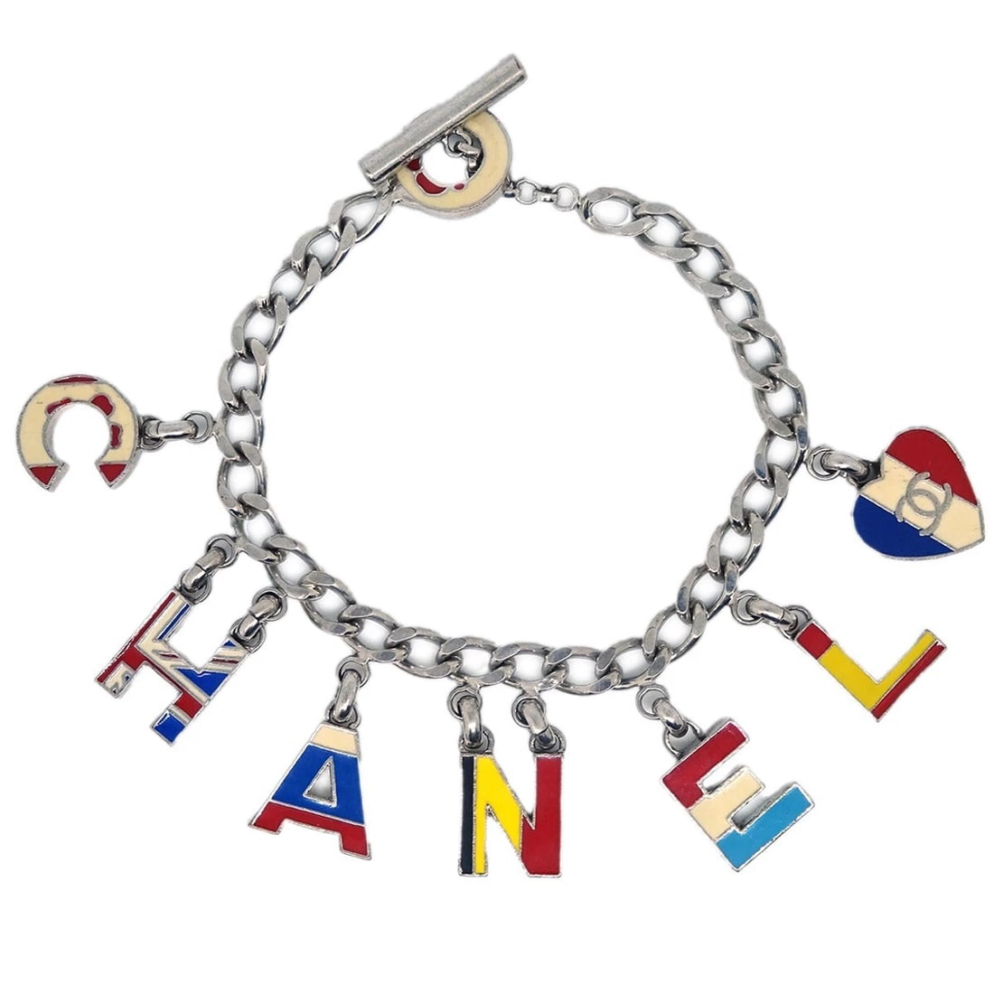 CHANEL SILVER NATIONAL FLAG BRACELET: Chanel Silver National Flag Bracelet Brand: CHANEL Type/Style: Bracelet Material: Silver plated, Color: Silver Size: Inner circumference : 19.0 cm Charm(H) : W 1.1 x H 1.4 cm Accessories: None
