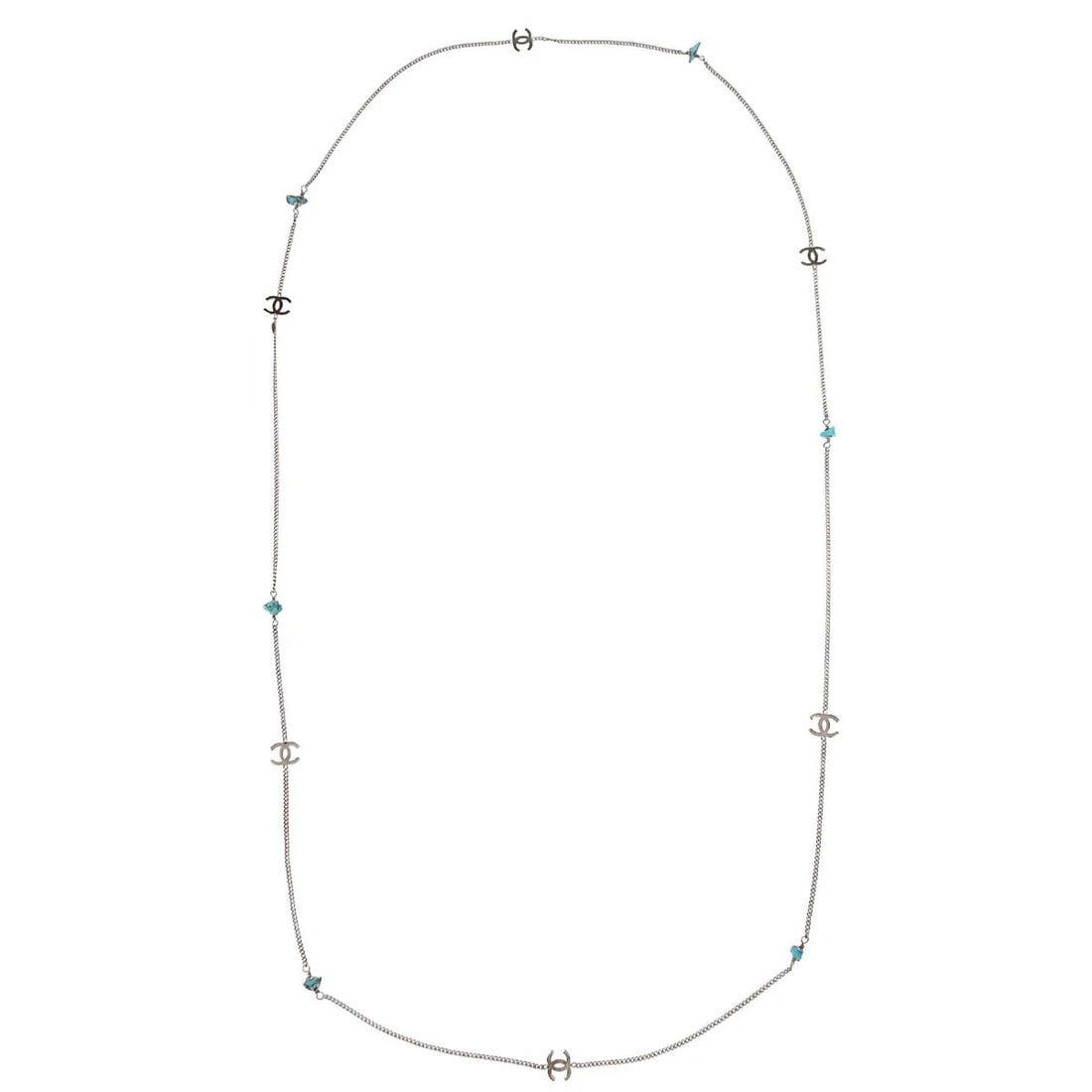 CHANEL CHAIN NECKLACE SILVER: Chanel Chain Necklace Silver Brand: Chanel Type/Style: Necklace Material: Silver Plated, Color: Silver, Turquoise Blue Size: Chain(Overall) : 103.0 cm Accessories: None Accessories Notice: