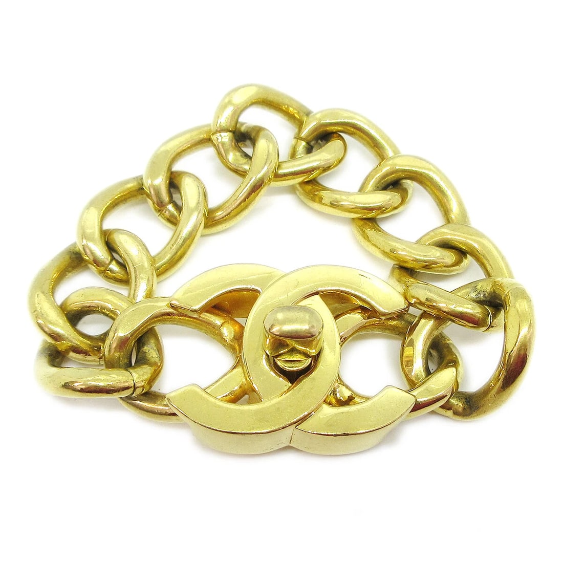 CHANEL TURNLOCK CHAIN BRACELET GOLD: Chanel Turnlock Chain Bracelet Gold Brand: Chanel Type/Style: Bracelet Material: Gold-tone, Color: Gold Size: Inner circumference : 19.5 cm Width : 2.0 cm Charm : W 3.8 x H 2.8 cm Accessories: No