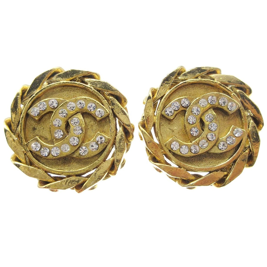 CHANEL BUTTON RHINESTONE EARRINGS CLIP-ON GOLD: Chanel Button Rhinestone Earrings Clip-On Gold Brand: CHANEL Type/Style: Earrings Material: Gold-plated, Color: Gold Size: Diameter : 3.0 cm Accessories: None Accessories Notice: When
