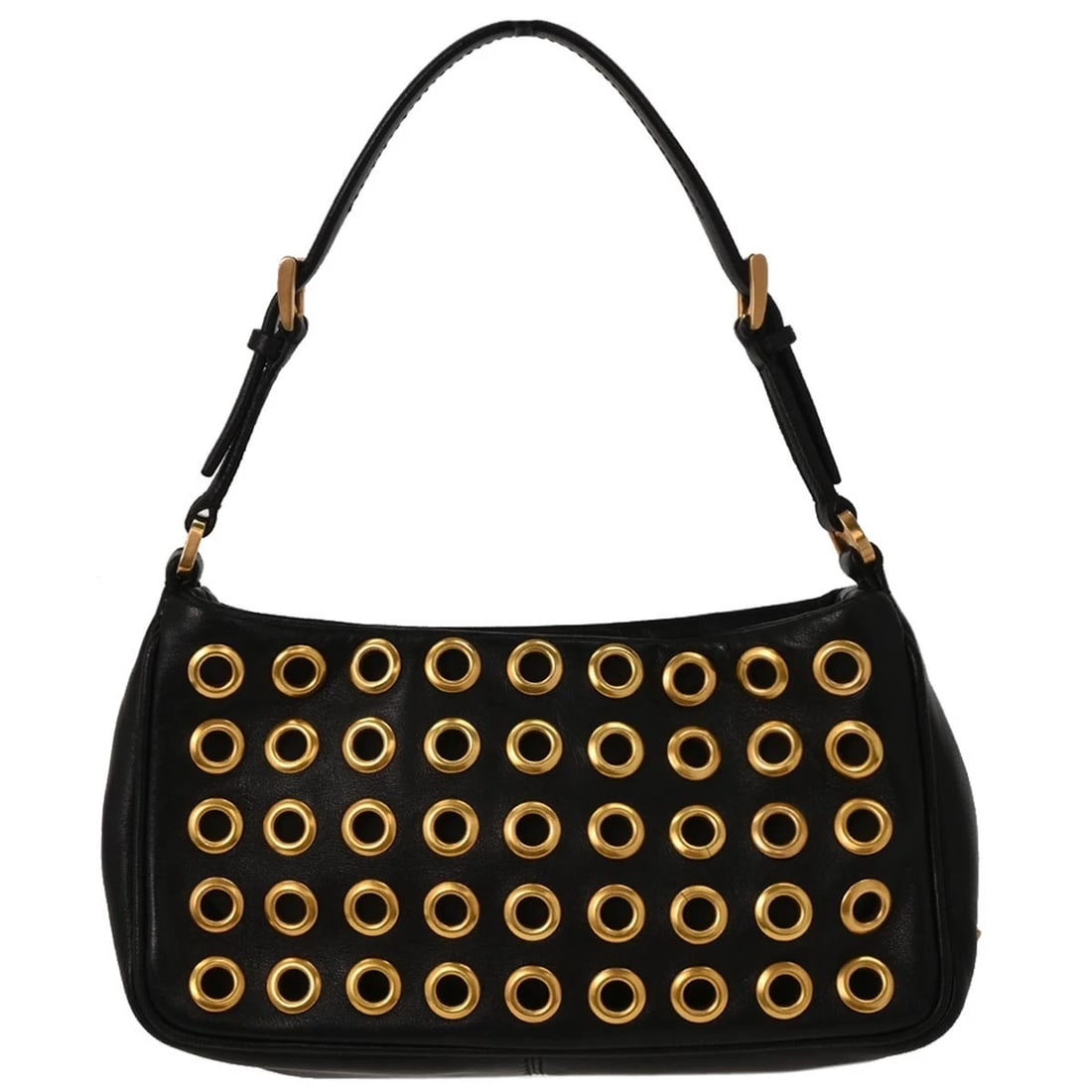 PRADA BLACK LEATHER METAL GROMMET HANDBAG: Prada Black Leather Metal Grommet Handbag Brand: PRADA Type/Style: Top Handle Bag Material: Leather, Metal Color: black Size: W 7.1 x H 3.5 x D 2.4 " Handle Drop. 5.1 " Accessories: None A