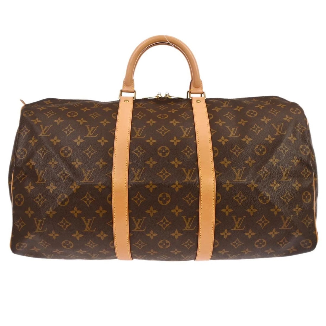 LOUIS VUITTON MONOGRAM KEEPALL 50 DUFFLE TRAVEL HANDBAG: Louis Vuitton Monogram Keepall 50 Duffle Travel Handbag Brand: Louis Vuitton Type/Style: Duffle Material: Monogram canvas, Leather Color: brown Size: W 19.7 x H 11.4 x D 8.7 " Handle Drop. 3.9 "