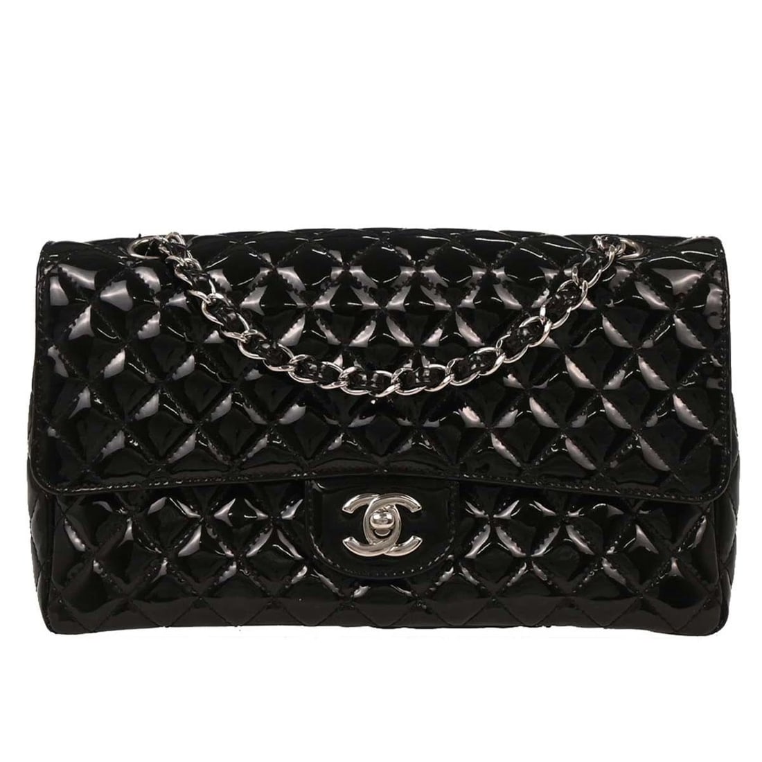 CHANEL BLACK PATENT LEATHER SHOULDER BAG: Chanel Black Patent Leather Shoulder Bag Brand: CHANEL Type/Style: shoulder Bag Material: Patent Leather Color: black Size: W 9.8 x H 5.9 x D 2.4 " Accessories: None Accessories Notice: Wh