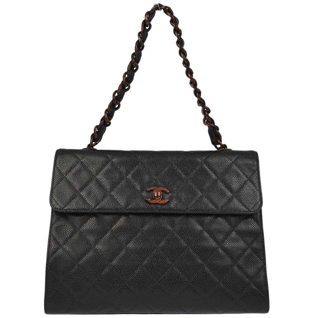 CHANEL BLACK CALFSKIN STRAIGHT FLAP CHAIN HANDBAG: Chanel Black Calfskin Straight Flap Chain Handbag Brand: CHANEL Type/Style: Top Handle Bag Material: Caviar skin Color: black Size: W 11.8 x H 9.1 x D 4.7 " Handle Drop. 7.9 " Accessories: None