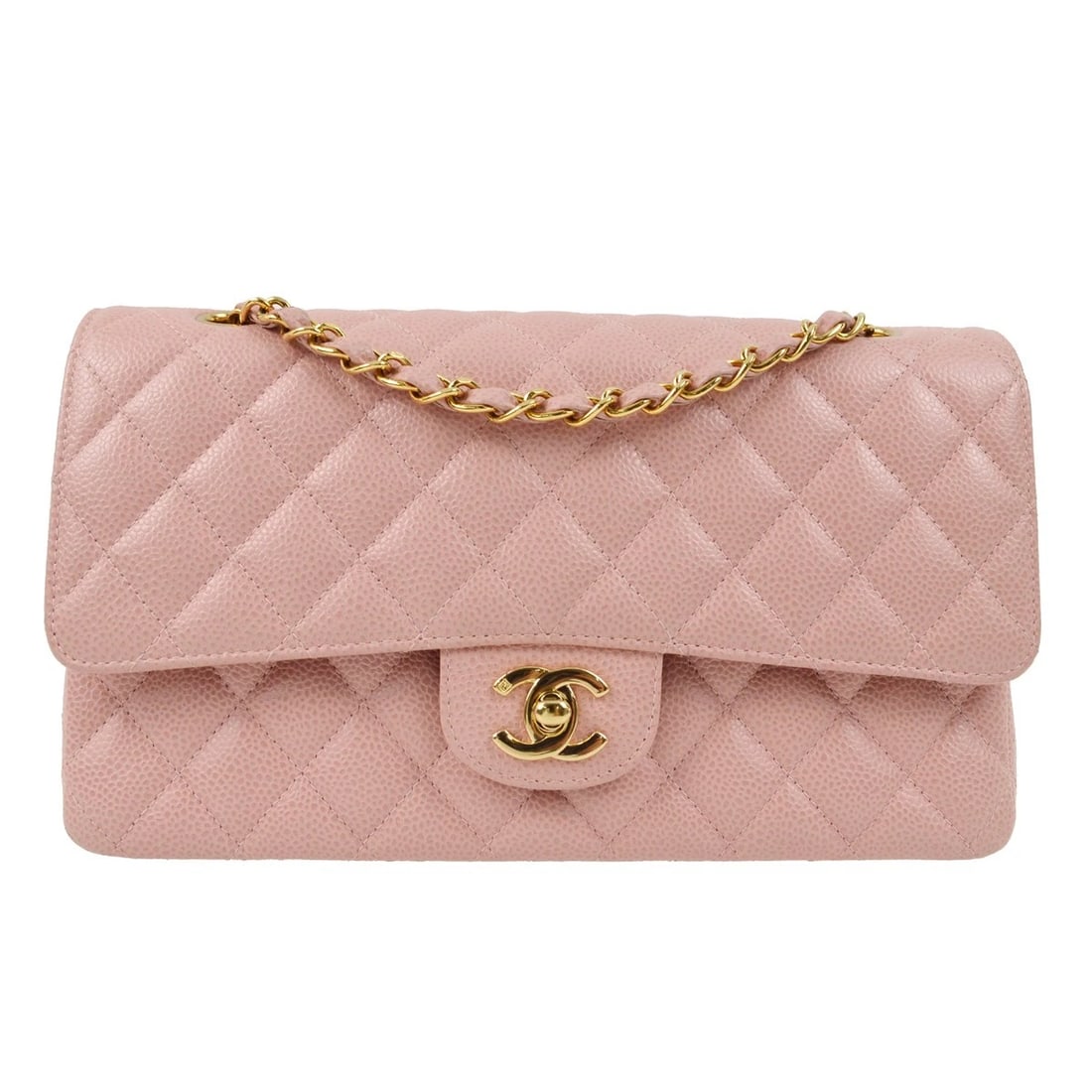 CHANEL PINK CALFSKIN MEDIUM CLASSIC DOUBLE FLAP SHOULDER BAG: Chanel Pink Calfskin Medium Classic Double Flap Shoulder Bag Brand: CHANEL Type/Style: shoulder Bag Material: Caviar skin Leather Color: pink Size: W 9.8 x H 6.5 x D 2.4 " Accessories: None