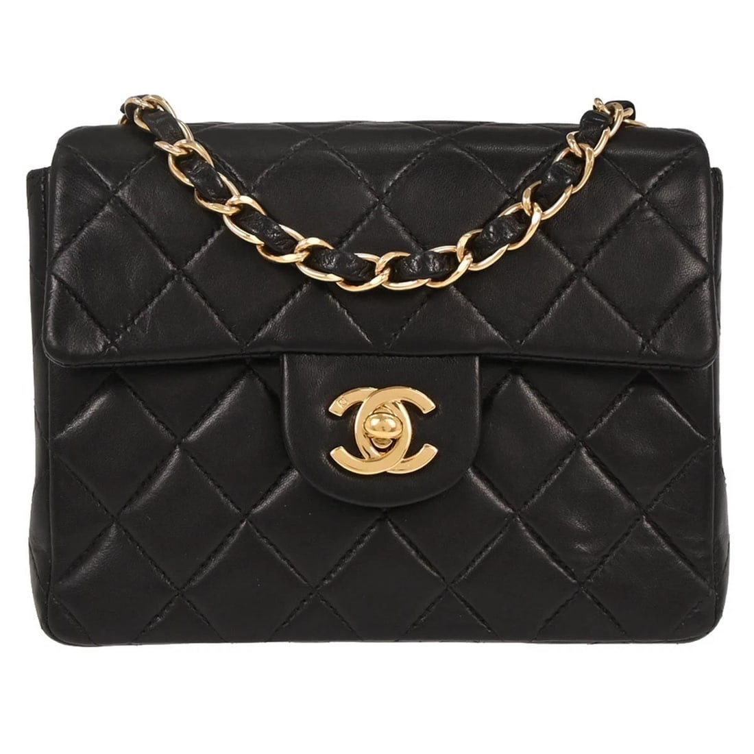 CHANEL BLACK LAMBSKIN MINI CLASSIC SQUARE FLAP SHOULDER BAG: Chanel Black Lambskin Mini Classic Square Flap Shoulder Bag Brand: CHANEL Type/Style: Shoulder Bag Material: Lameskin Leather Color: black Size: W 6.7 x H 5.1 x D 2.4 " Accessories: None