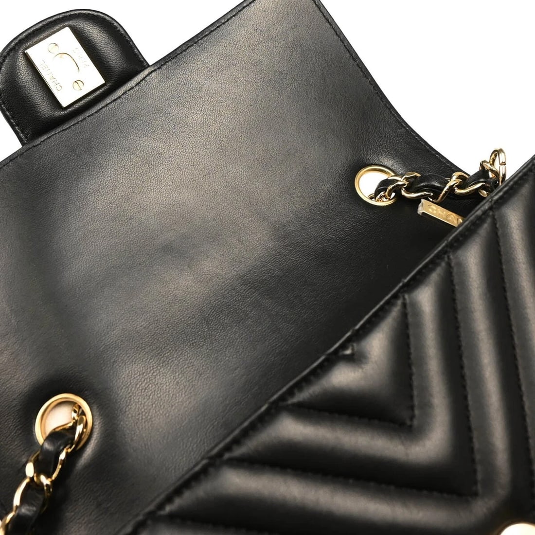 CHANEL BLACK LAMBSKIN CHEVRON SHOULDER BAG - 8