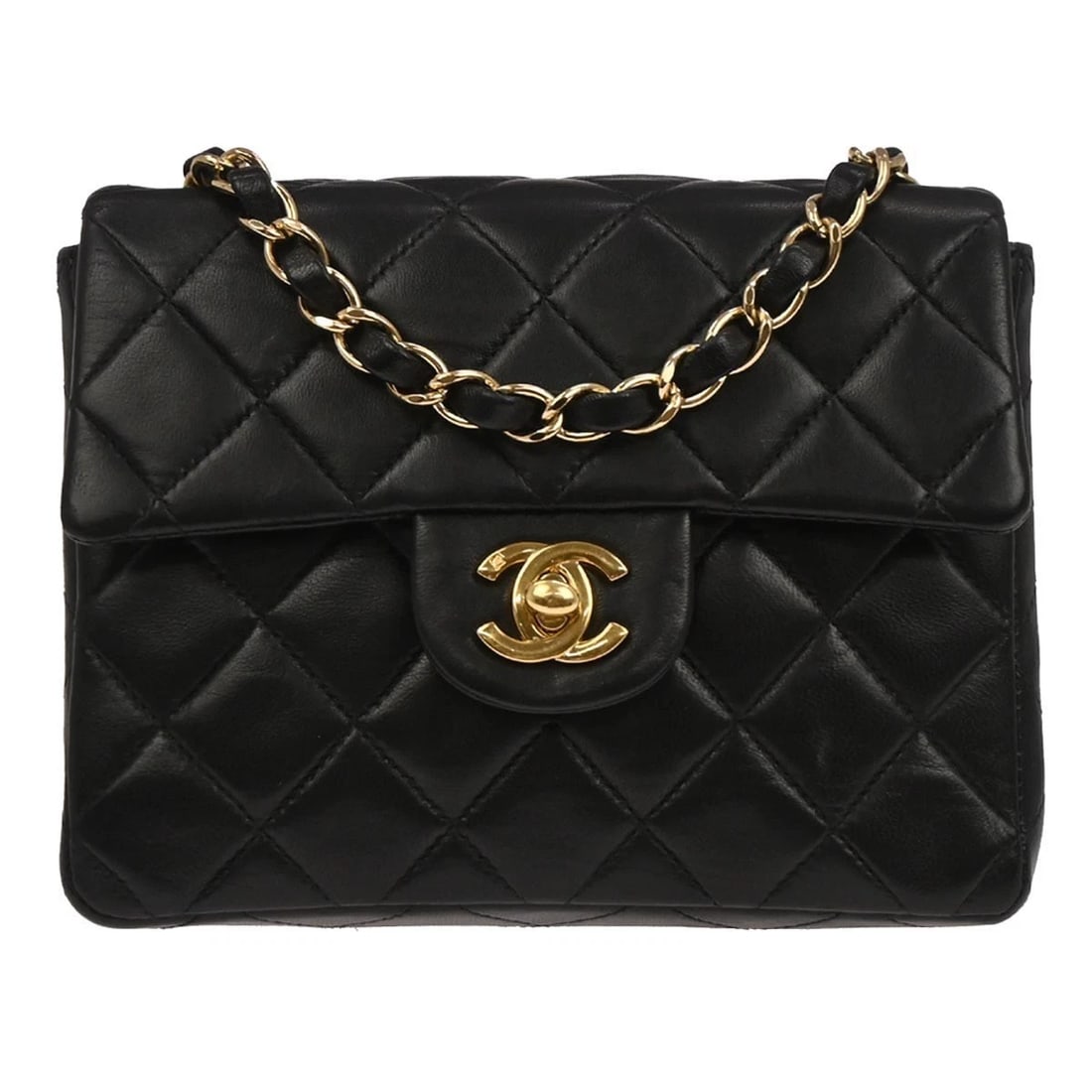 CHANEL BLACK LAMBSKIN MINI CLASSIC SQUARE FLAP SHOULDER BAG: Chanel Black Lambskin Mini Classic Square Flap Shoulder Bag Brand: CHANEL Type/Style: shoulder bag Material: Lambskin Leather Color: black Size: W 6.7 x H 5.1 x D 2.4 " Accessories: None