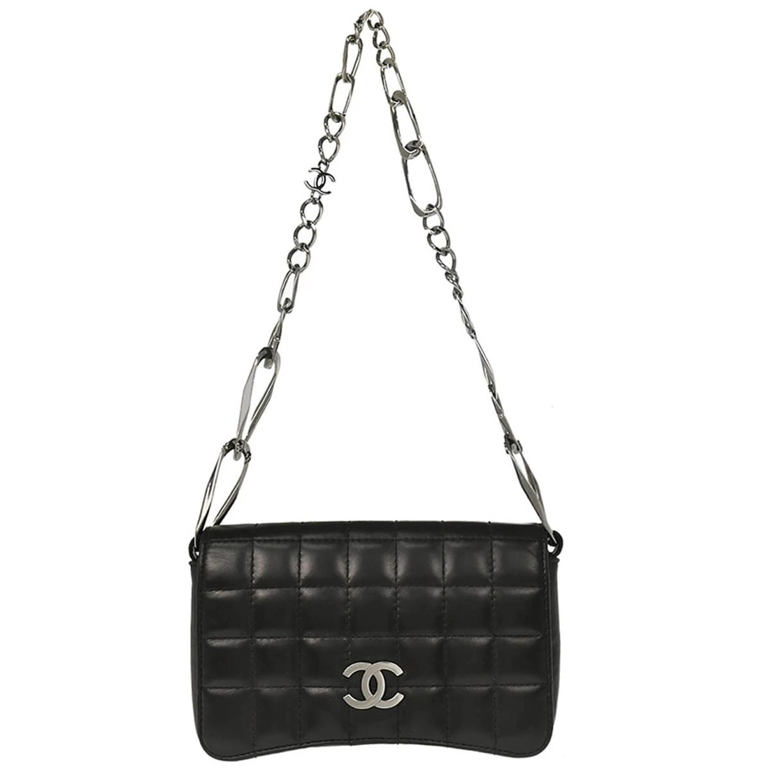 CHANEL BLACK LAMBSKIN CHOCO BAR FULL FLAP SHOULDER BAG: Chanel Black Lambskin Choco Bar Full Flap Shoulder Bag Brand: CHANEL Type/Style: shoulder bag Material: Lambskin Leather Color: black Size: W 8.3 x H 5.5 x D 1.6 " Accessories: None
