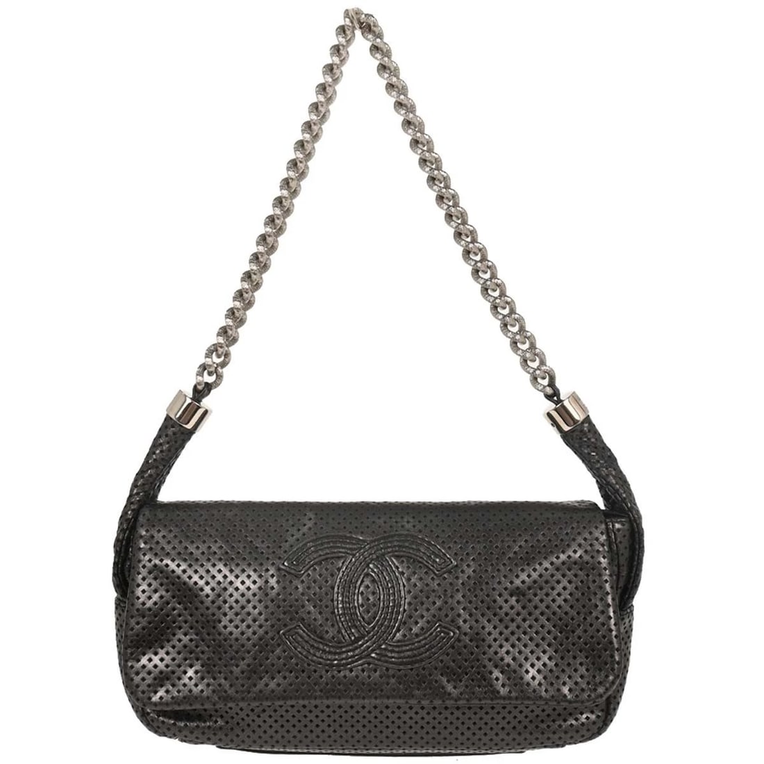 CHANEL BLACK PERFORATED LAMBSKIN HANDBAG: Chanel Black Perforated Lambskin Handbag Brand: CHANEL Type/Style: top handle bag Material: Perforated Lambskin Color: Black Size: W 9.8 x H 5.5 x D 2.4 " Accessories: None Accessories