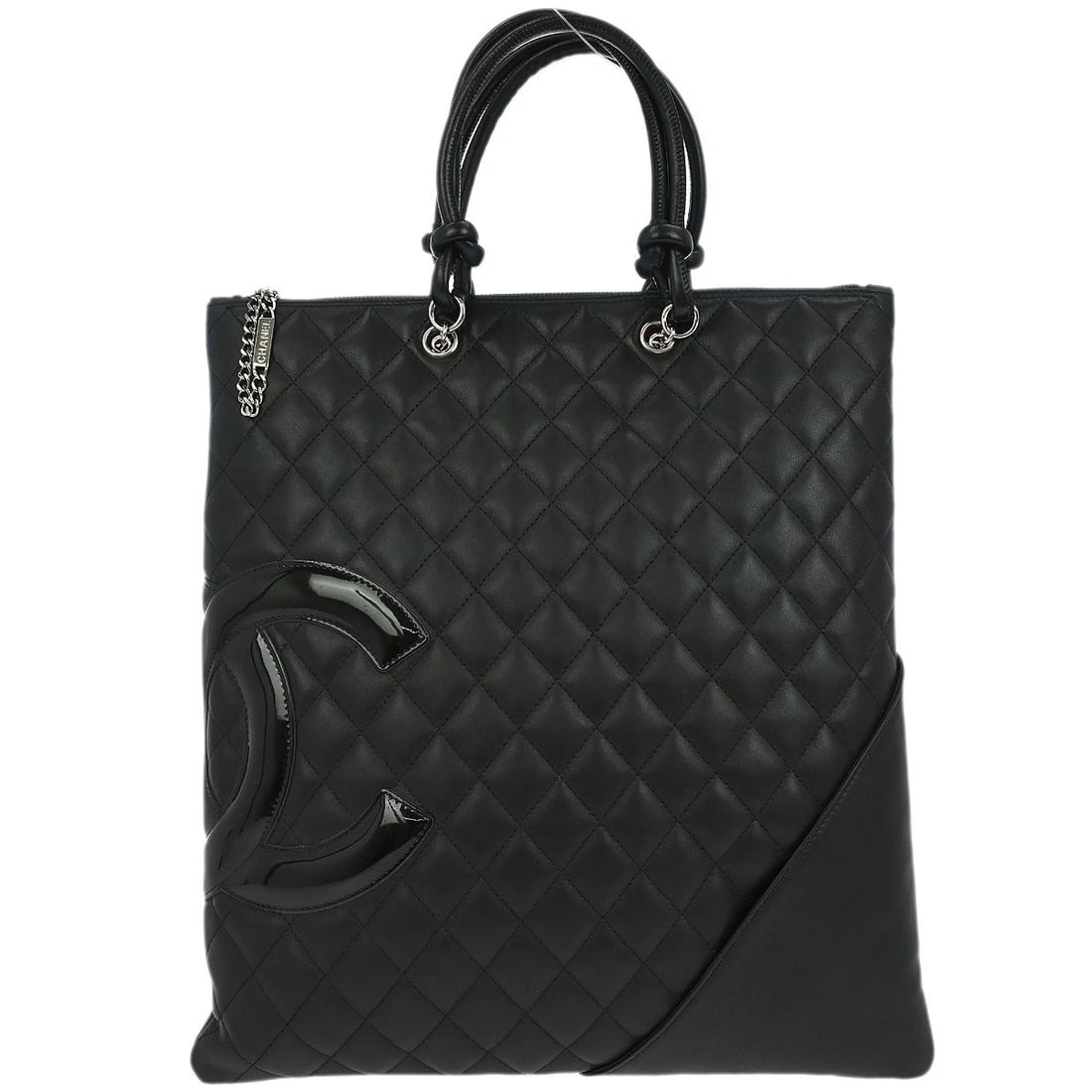 CHANEL BLACK CALFSKIN CAMBON LIGNE HANDBAG: Chanel Black Calfskin Cambon Ligne Handbag Brand: CHANEL Type/Style: top handle bag Material: Calfskin, Patent leather Color: black Size: W 12.2 x H 13.8 x D 0.4 " Handle Drop. 3.9 " Accessories: