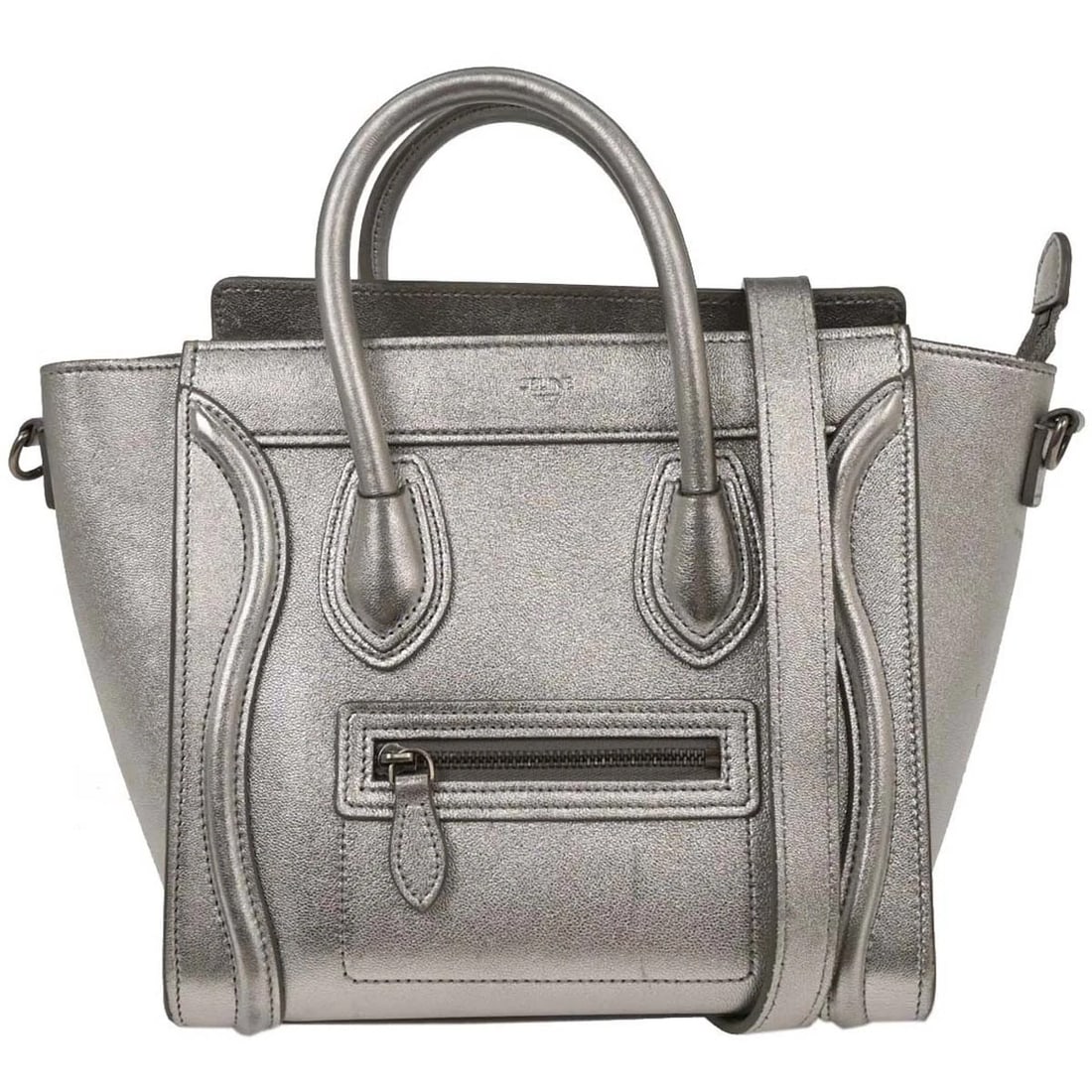 CELINE SILVER LEATHER NANO LUGGAGE TOTE BAG: Celine Silver Leather Nano Luggage Tote Bag Brand: CELINE Type/Style: top handle bag Material: leather Color: silver Size: W 7.9 x H 7.5 x D 3.9 " Handle Drop. 1.6 " Strap Drop. 21.7 " " Accessor