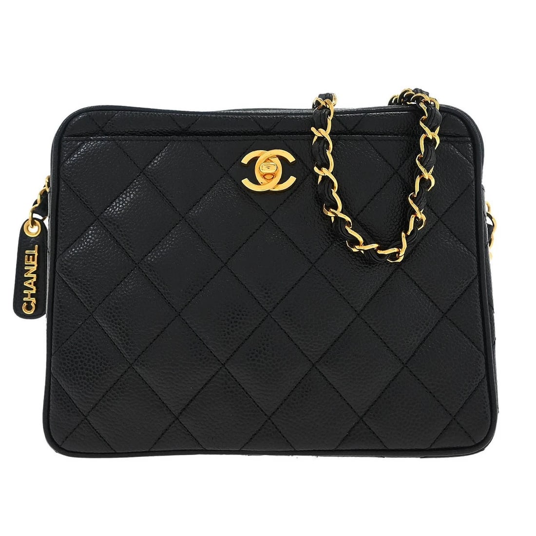 CHANEL BLACK CALFSKIN CAMERA BAG: Chanel Black Calfskin Camera Bag Brand: CHANEL Type/Style: shoulder bag Material: Caviar skin leather Color: black Size: W 7.9 x H 6.3 x D 2.4 " Strap Drop. 19.7 " Accessories: None Access