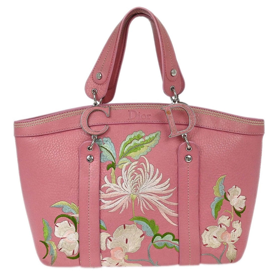 CHRISTIAN DIOR PINK LEATHER EMBROIDERED FLOWER HANDBAG: Christian Dior Pink Leather Embroidered Flower Handbag Brand: Christian Dior Type/Style: hand bag Material: leather Color: Pink, etc. Size: W 10.2 x H 7.9 x D 4.3 " Handle Drop. 4.7 Accessories: