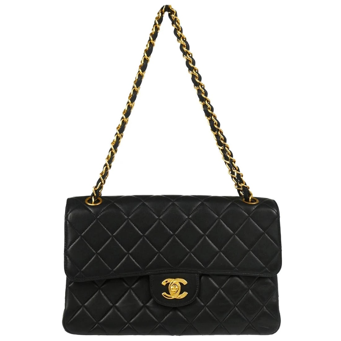 CHANEL BLACK LAMBSKIN DOUBLE SIDED CLASSIC FLAP SHOULDER BAG: Chanel Black Lambskin Double Sided Classic Flap Shoulder Bag Brand: CHANEL Type/Style: Shoulder Bag Material: Lambskin Leather Color: black Size: W 10.2 x H 6.3 x D 3.1 " Strap Drop. 8.7 " Access