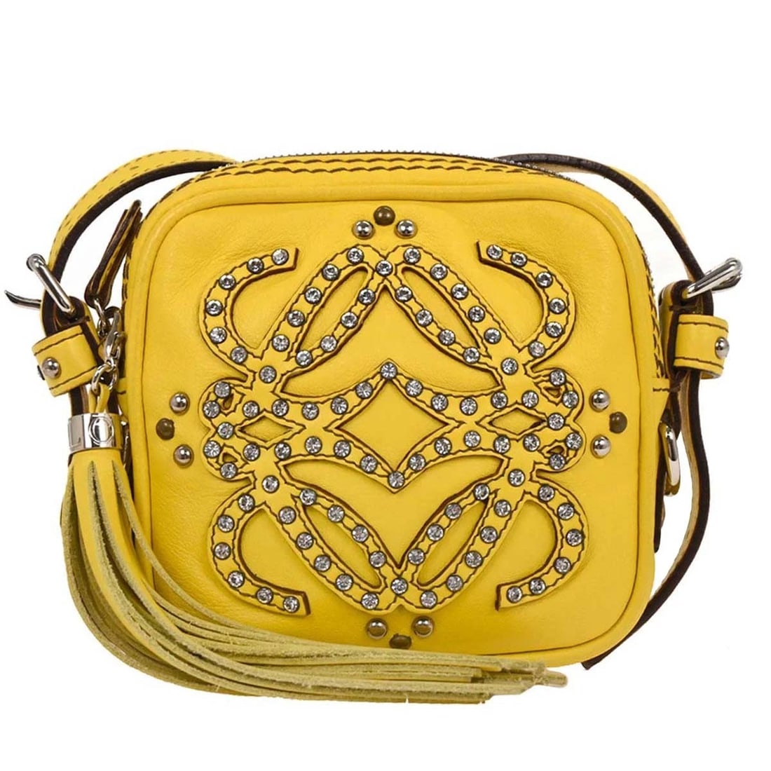 LOEWE YELLOW CROSSBODY BAG: Loewe Yellow Crossbody Bag Brand: Loewe Type/Style: Crossbody Material: Leather Color: Yellow Size: W 5.9 x H 5.5 x D 1.4 Accessories: None Accessories Notice: When purchasing pre-owned go