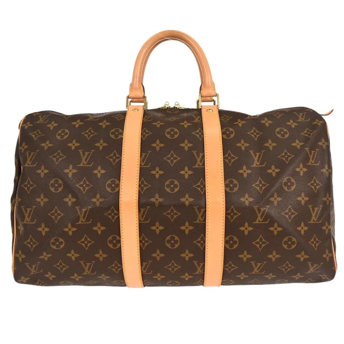 LOUIS VUITTON MONOGRAM KEEPALL 45 TRAVEL HANDBAG: Louis Vuitton Monogram Keepall 45 Travel Handbag Brand: Louis Vuitton Type/Style: duffle Material: Monogram canvas, Leather Color: brown Size: W 18.1 x H 10.6 x D 7.9 " Accessories: None A