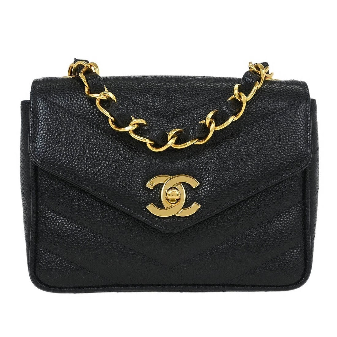 CHANEL BLACK CALFSKIN CHEVRON SINGLE FLAP SHOULDER BAG: Chanel Black Calfskin Chevron Single Flap Shoulder Bag Brand: CHANEL Type/Style: Crossbody Material: Caviar skin leather Color: black Size: W 7.1 x H 5.5 x D 2.8 " Accessories: None Access