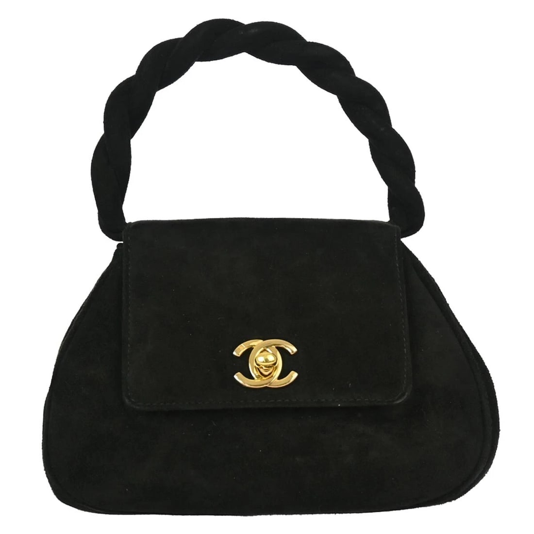 CHANEL BLACK SUEDE HANDBAG: Chanel Black Suede Handbag Brand: CHANEL Type/Style: hand bag Material: Suede(Nubuck) Color: black Size: W 7.1 x H 4.7 x D 2.8 " Handle Drop. 2.8 " Accessories: None Accessories Notice: Wh
