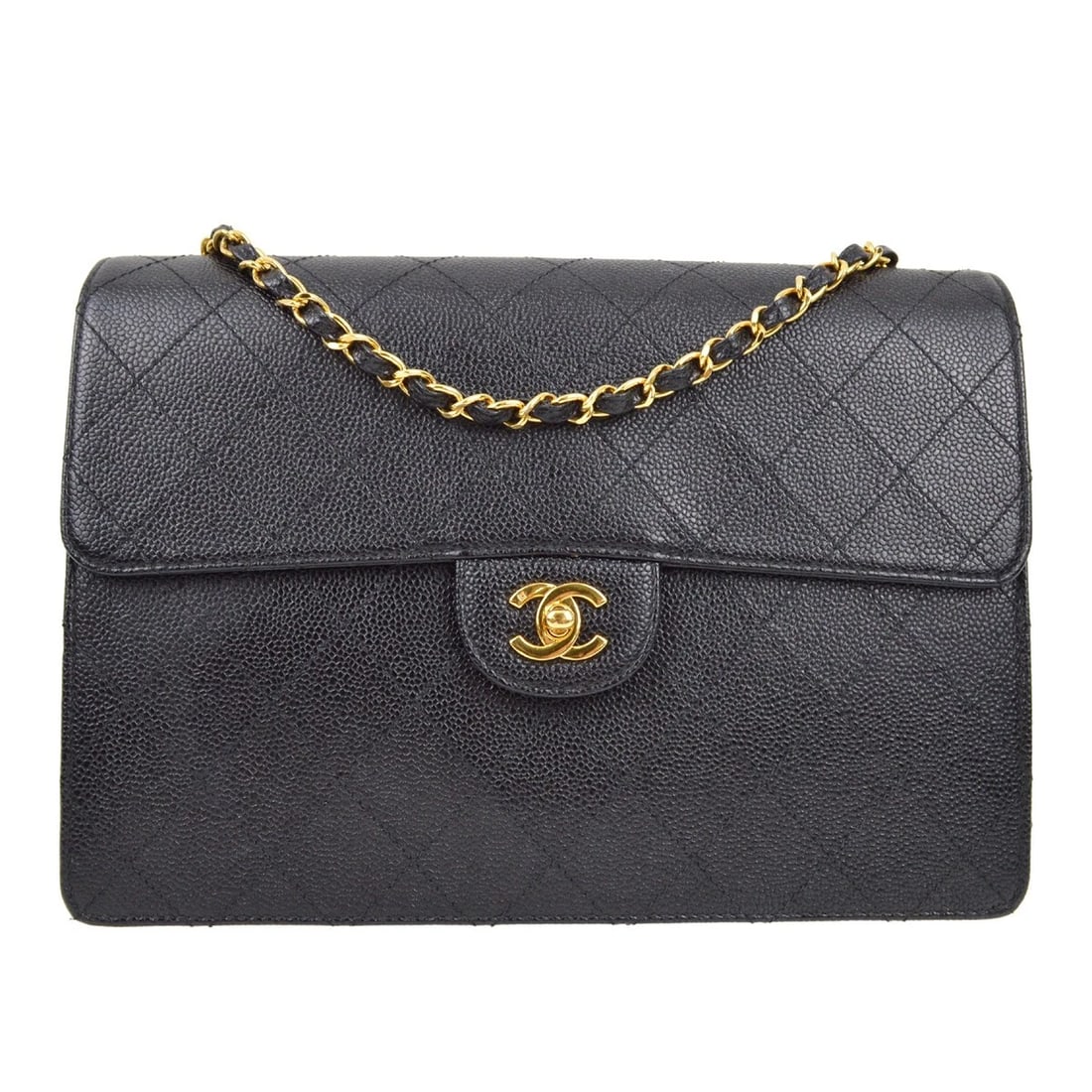 CHANEL BLACK CALFSKIN SINGLE FLAP SHOULDER BAG: Chanel Black Calfskin Single Flap Shoulder Bag Brand: CHANEL Type/Style: shoulder bag Material: Caviar skin leather Color: black Size: W 11.8 x H 8.3 x D 3.5 " Strap Drop. 19.7 " Accessories: