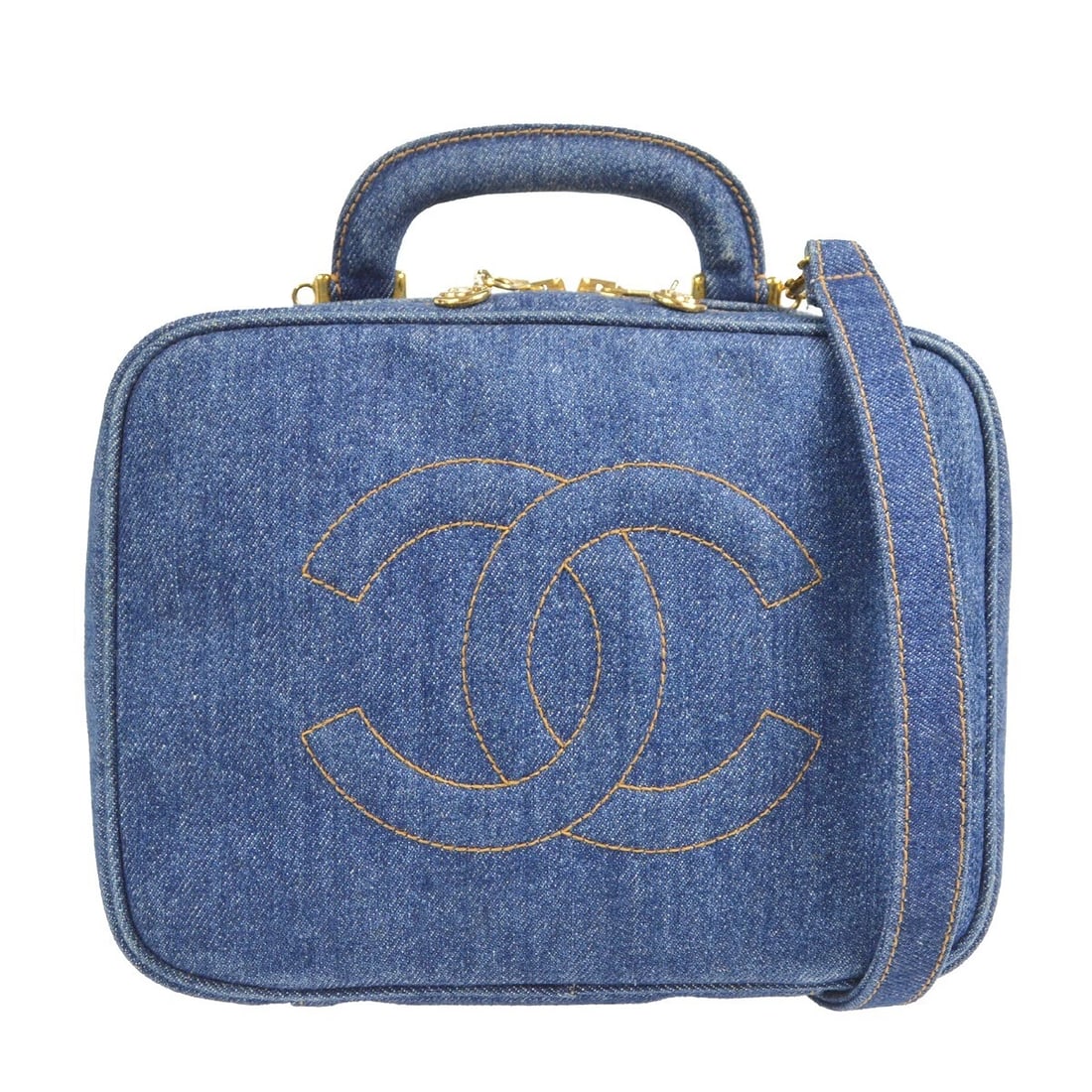 CHANEL BLUE DENIM TIMELESS LUNCH BOX VANITY 2WAY HANDBAG: Chanel Blue Denim Timeless Lunch Box Vanity 2way Handbag Brand: CHANEL Type/Style: denim canvas Material: Indigo Color: blue denim Size: W 9.4 x H 7.5 x D 4.3 " Handle Drop. 1.4 Accessories: