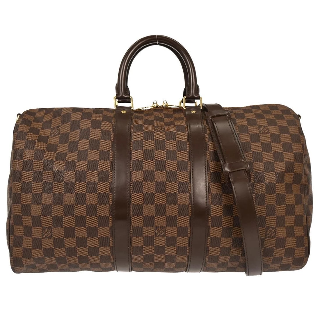 LOUIS VUITTON DAMIER KEEPALL BANDOULIERE 45 DUFFLE BAG: Louis Vuitton Damier Keepall Bandouliere 45 Duffle Bag Brand: Louis Vuitton Type/Style: duffle Material: Damier canvas, Leather Color: ebene brown Size: W 18.1 x H 10.2 x D 8.3 Handle Drop.