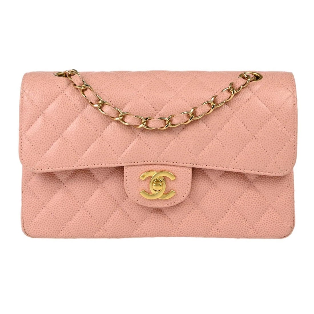 CHANEL PINK CALFSKIN SMALL CLASSIC DOUBLE FLAP SHOULDER BAG: Chanel Pink Calfskin Small Classic Double Flap Shoulder Bag Brand: CHANEL Type/Style: shoulder bag Material: Caviar Skin Leather Color: pink Size: W 9.1 x H 5.5 x D 2.8 " Accessories: None