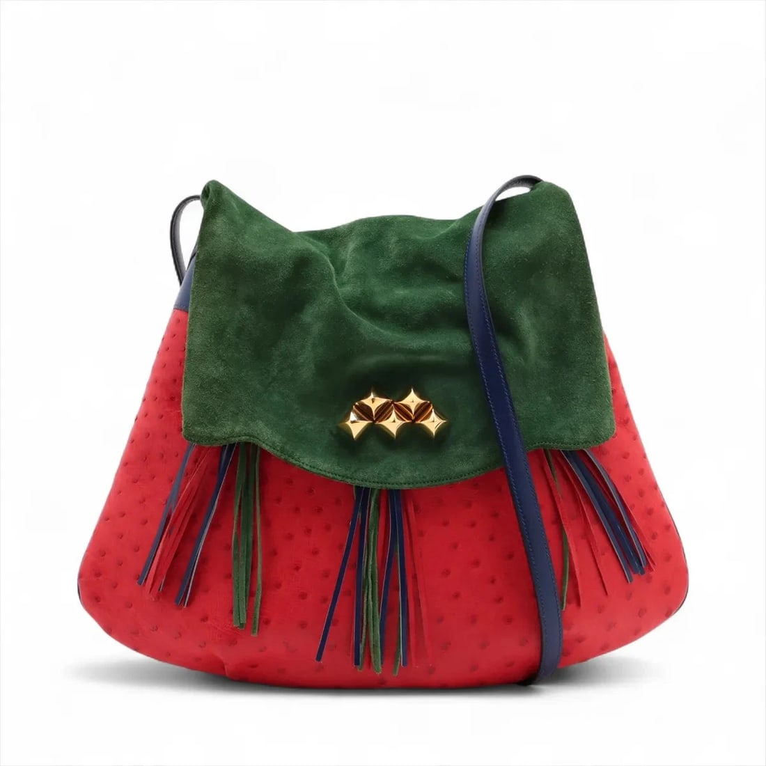 Hermes VINTAGE OSTRICH X LEATHER X DOBLISS RED: Hermes Vintage Ostrich x Leather x Dobliss red Brand: Hermes Type: Shoulder bag Material: Ostrich x Leather x Dobliss Color: red x blue x green Size: Height:13.0inch Length:16.7inch Depth:2.4inch