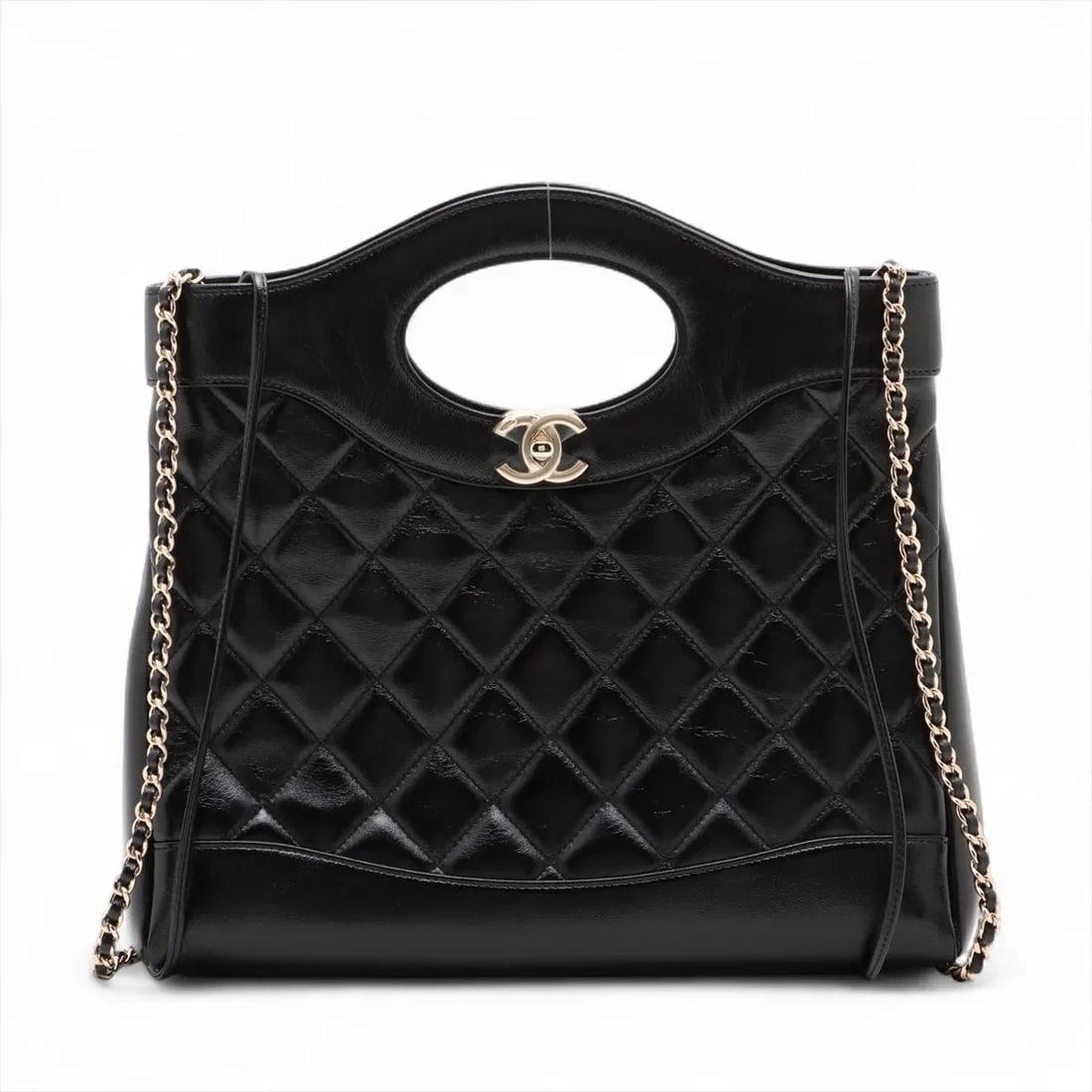 CHANEL 31 SHINY CALFSKIN 2 WAY HANDBAG: Chanel 31 shiny calfskin 2 Way Handbag Brand: Chanel Type: Hand bag Material: shiny calfskin Color: Black Size: Height:11.4inch Length:11.4inch Depth:3.0inch Handle height:2.2inch Shoulder height: