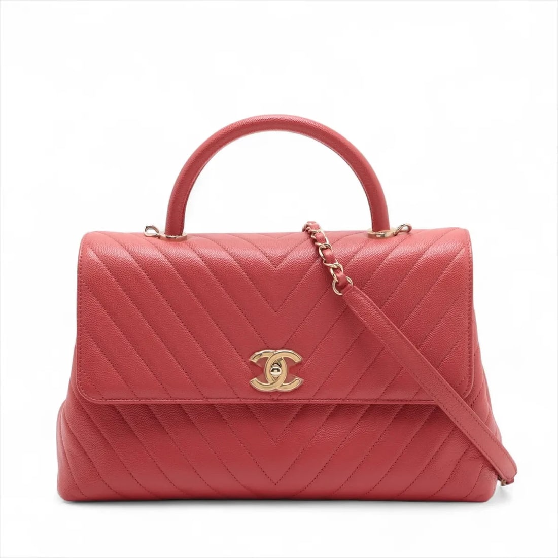 CHANEL COCO HANDLE 33 M CAVIAR SKIN 2 WAY HANDBAG: Chanel Coco handle 33 M Caviar Skin 2 Way Handbag Brand: Chanel Type: Hand bag Material: Caviar Skin Color: Red Size: Height:7.7inch Length:12.6inch Depth:4.5inch Handle height:3.0inch Shoulder he